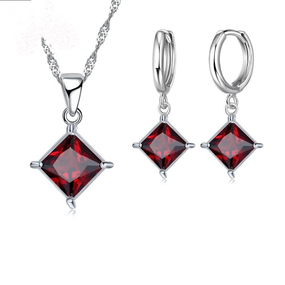 ⭐4pc Bundle Sale⭐ Princess Cut Ruby Pendant And Earrings Set w/ 18" Chain - Picture 5 of 5